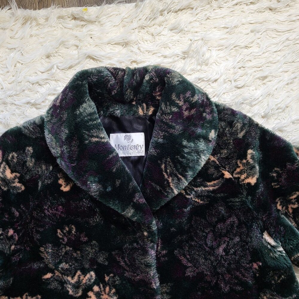 Vintage Monterey Fashions Faux Fur Black Leaf Swing Coat Jacket Medium - Picture 3 of 15